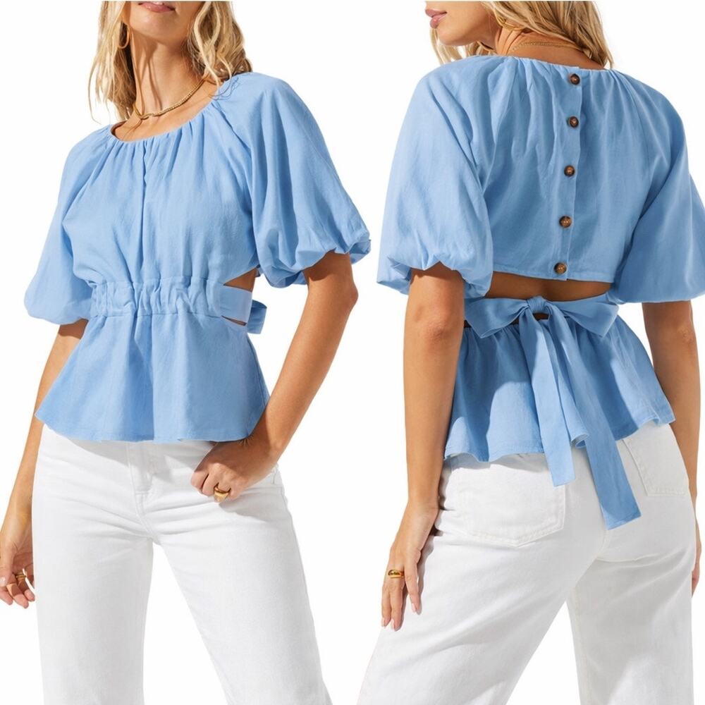 ASTR The Label linen blend open back puff sleeve top. Women’s Large NWT